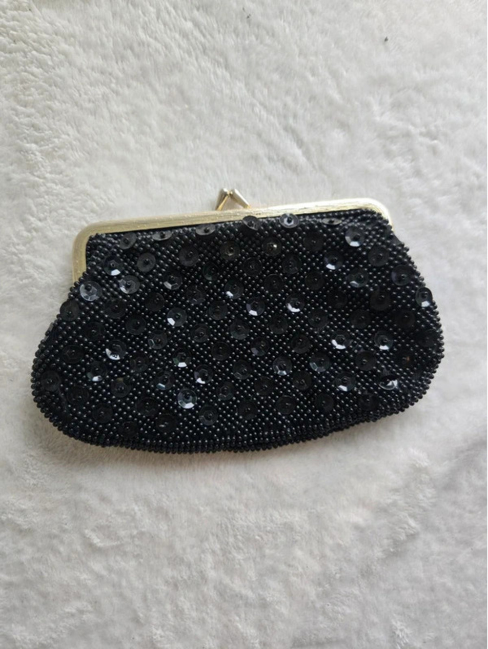 Vintage Black Beaded & Sequin Evening Clutch Purse Gold Tone Frame